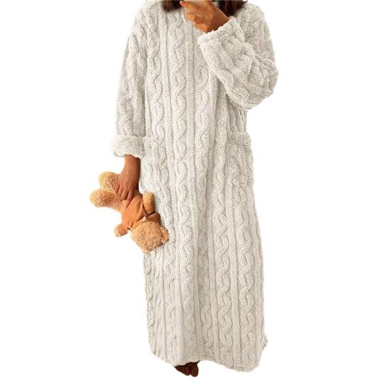 Fall Winter Nightgown Thick Coral Fleece Loose Pockets Warm Round Neck Twisted Texture Long Sleeve Full Length
