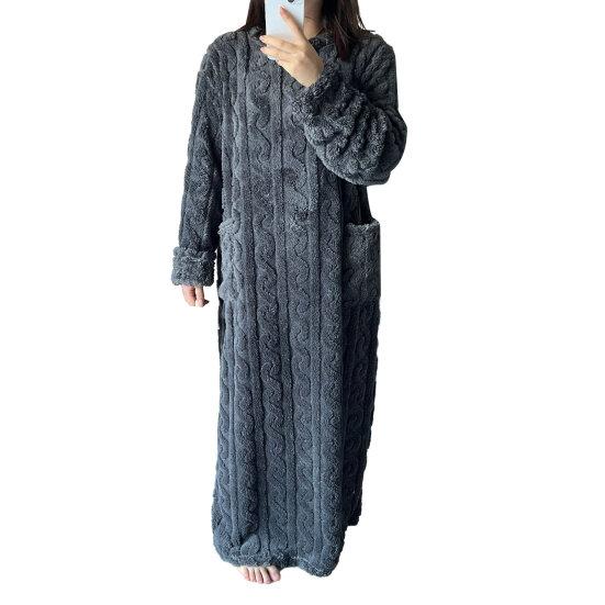 Fall Winter Nightgown Thick Coral Fleece Loose Pockets Warm Round Neck Twisted Texture Long Sleeve Full Length