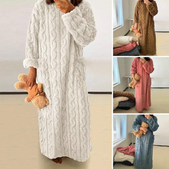 Fall Winter Nightgown Thick Coral Fleece Loose Pockets Warm Round Neck Twisted Texture Long Sleeve Full Length