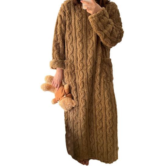 Fall Winter Nightgown Thick Coral Fleece Loose Pockets Warm Round Neck Twisted Texture Long Sleeve Full Length