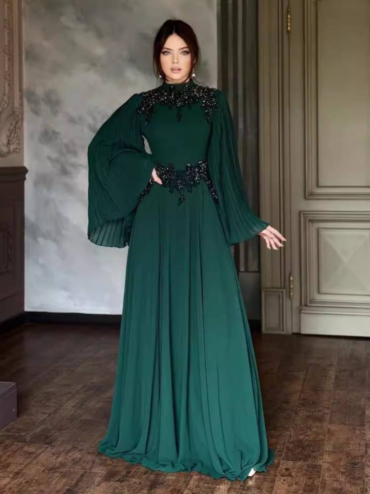 Rhinestone Pleated Long Sleeve Elegant Dress