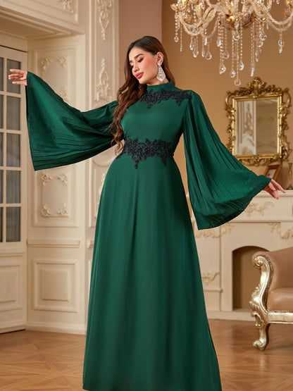 Rhinestone Pleated Long Sleeve Elegant Dress