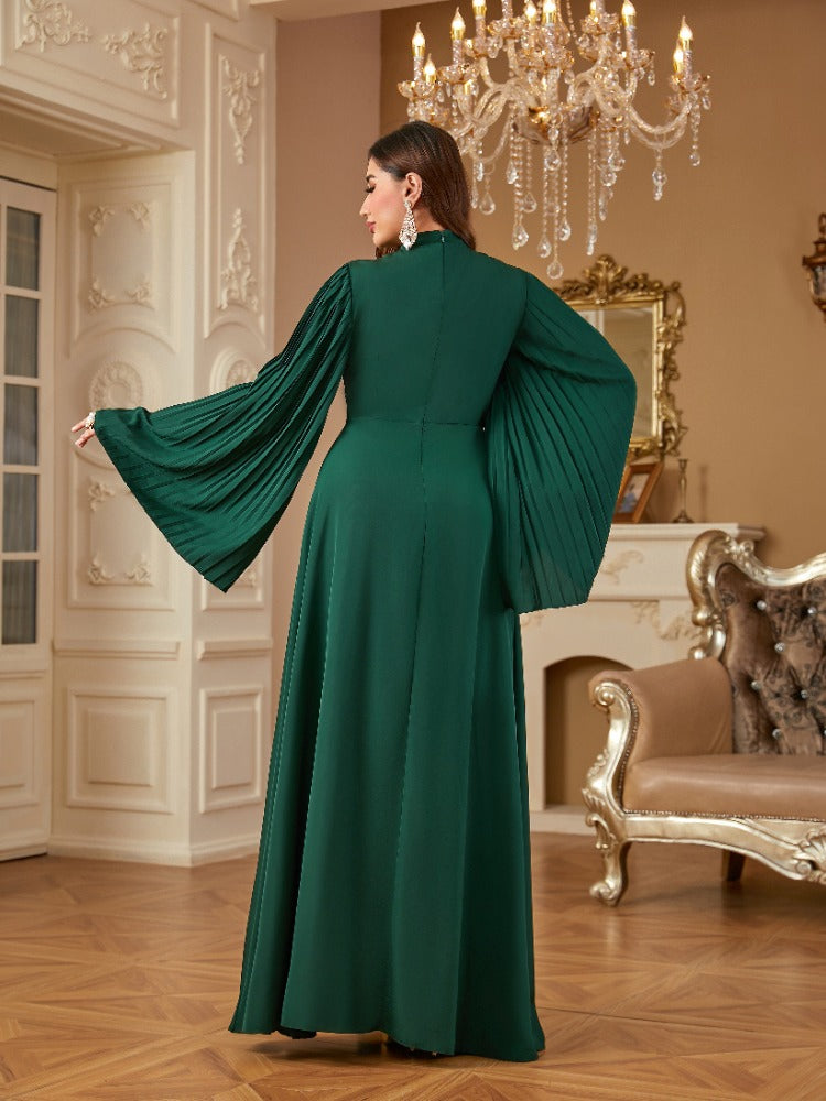 Rhinestone Pleated Long Sleeve Elegant Dress