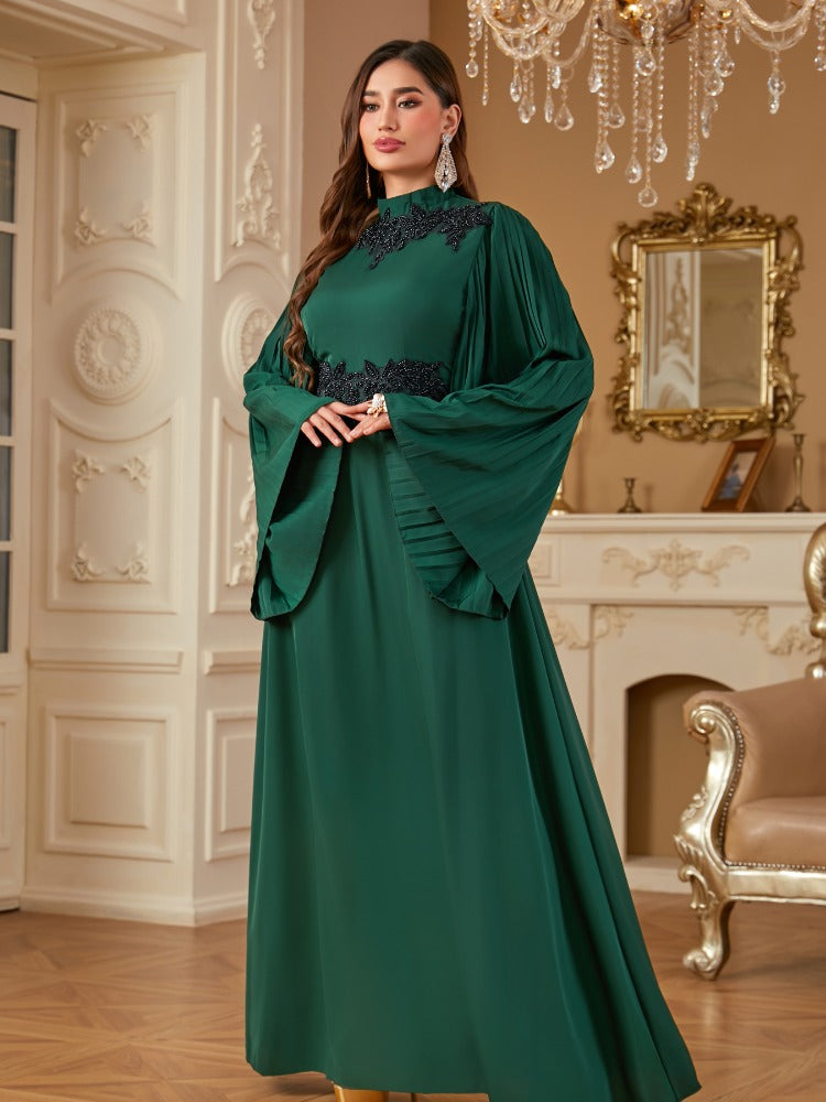 Rhinestone Pleated Long Sleeve Elegant Dress