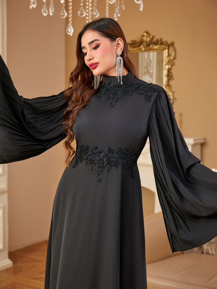 Rhinestone Pleated Long Sleeve Elegant Dress