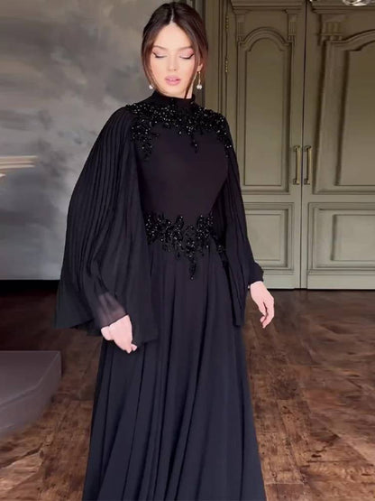 Rhinestone Pleated Long Sleeve Elegant Dress