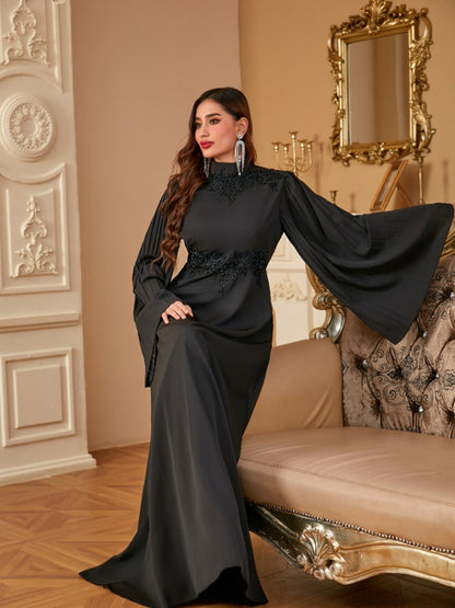 Rhinestone Pleated Long Sleeve Elegant Dress