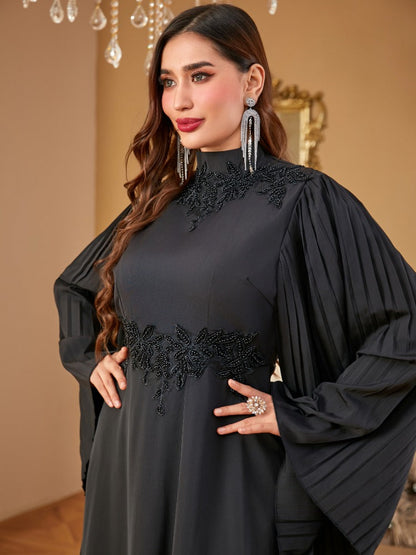 Rhinestone Pleated Long Sleeve Elegant Dress