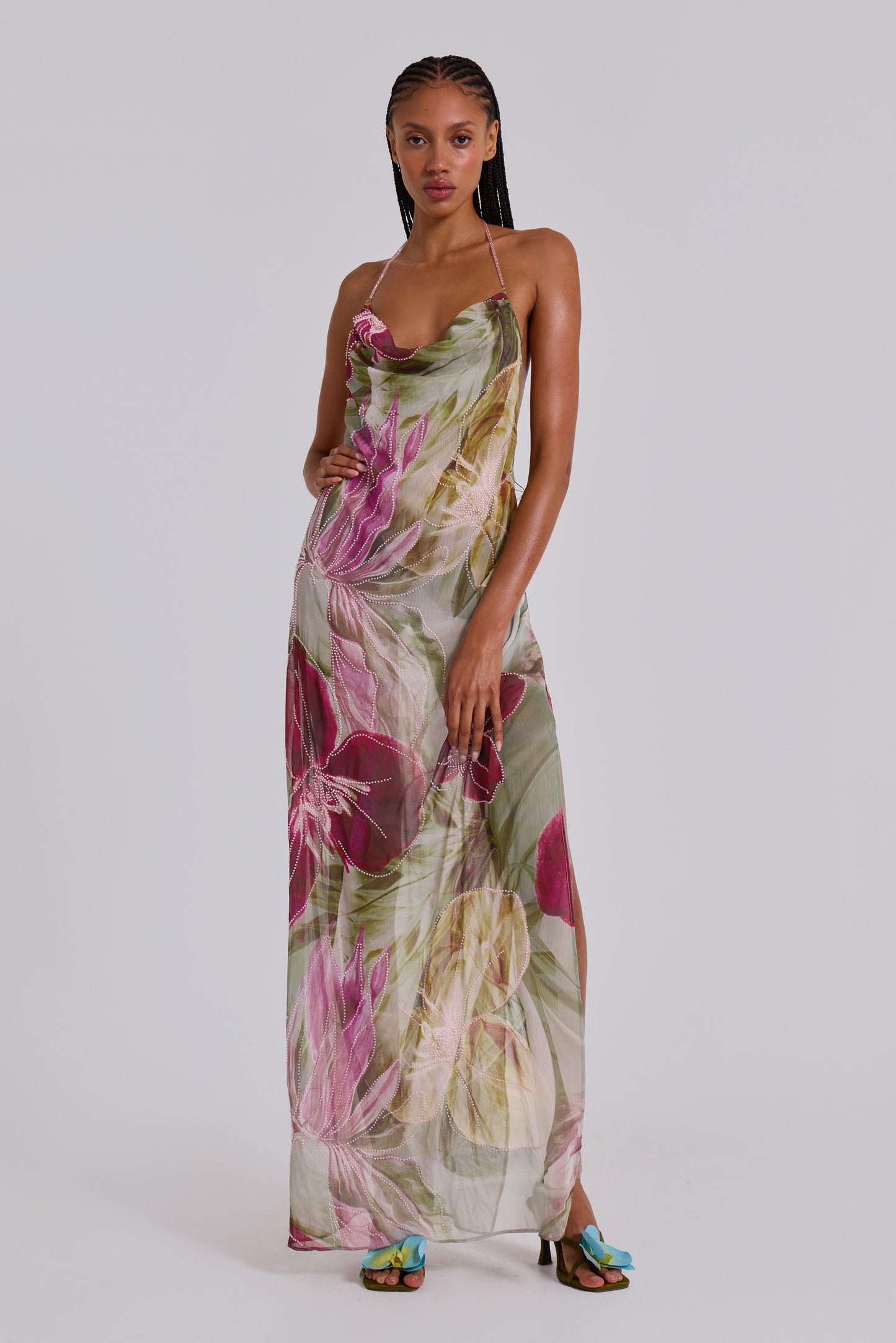 Dahlia Hand-Beaded Backless Chiffon Maxi Dress