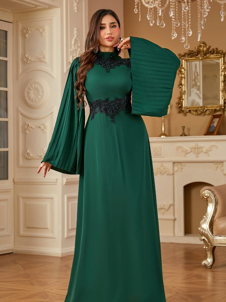 Rhinestone Pleated Long Sleeve Elegant Dress