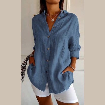 Classic Pleated Textured Single-Breasted Lapel Shirt for Women