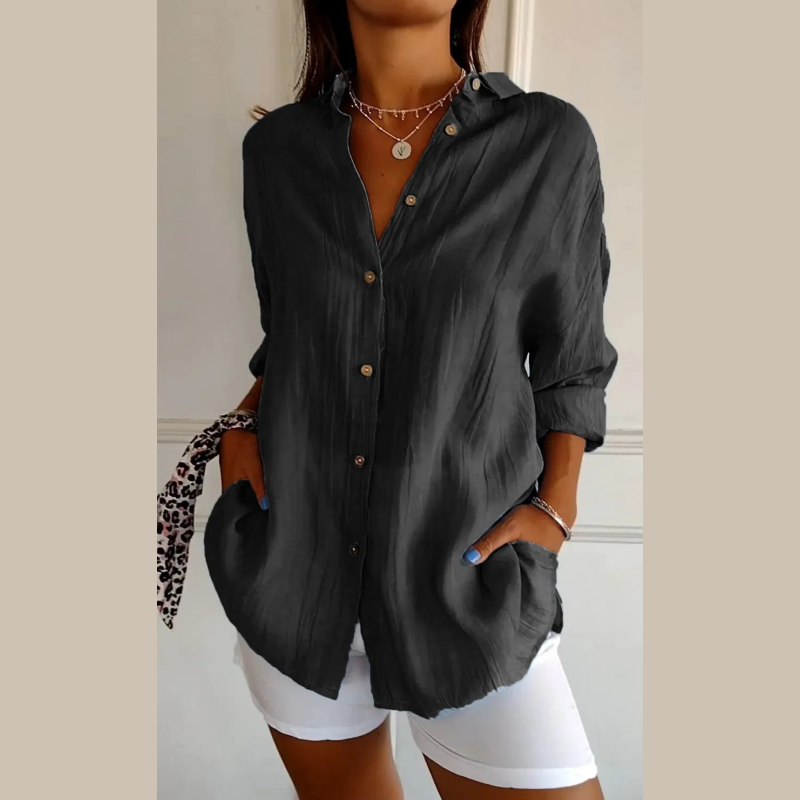 Classic Pleated Textured Single-Breasted Lapel Shirt for Women